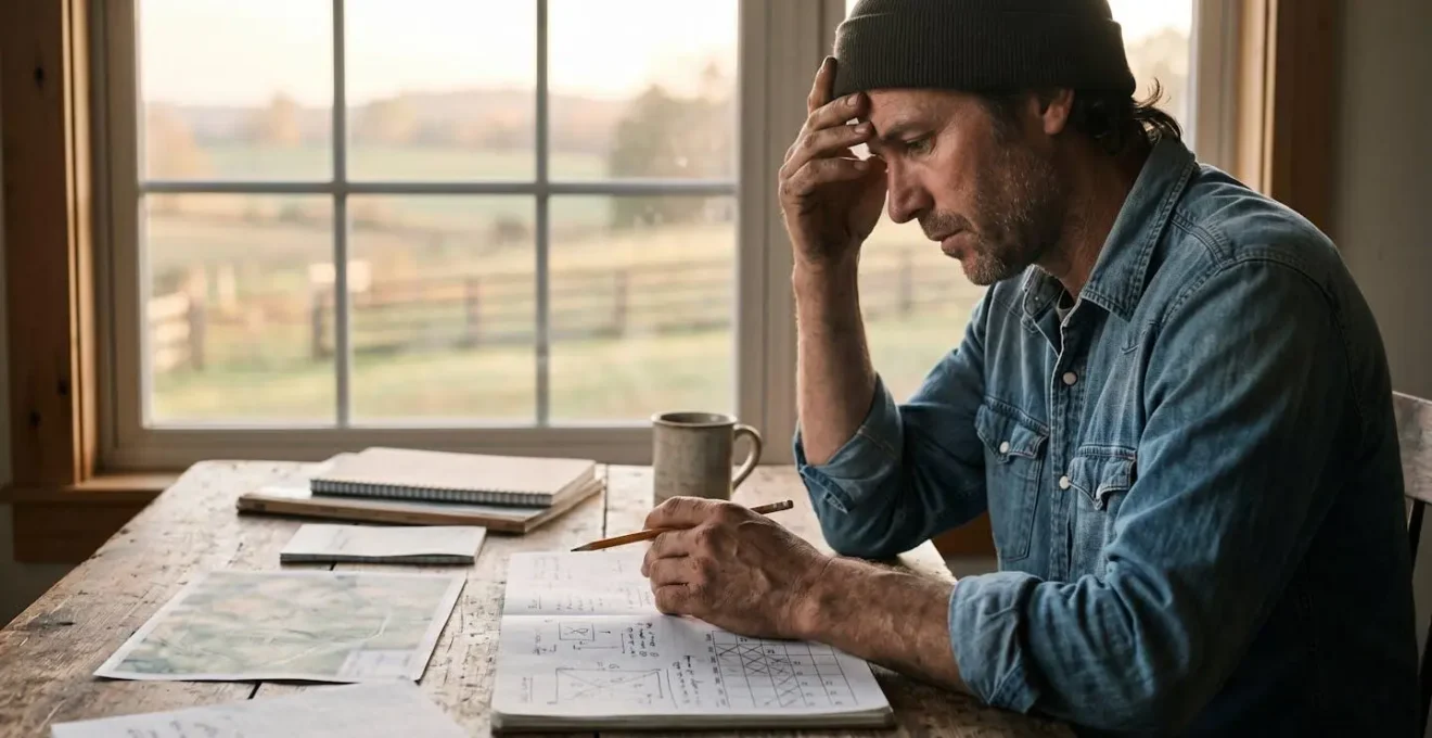 Farmer reviewing planning documents and farm maps spread across desk in early morning light with window view to fields
