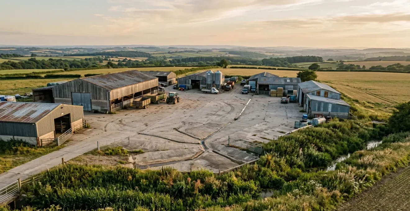 Agricultural yard infrastructure showing runoff management and water protection systems