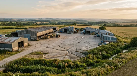 Agricultural yard infrastructure showing runoff management and water protection systems