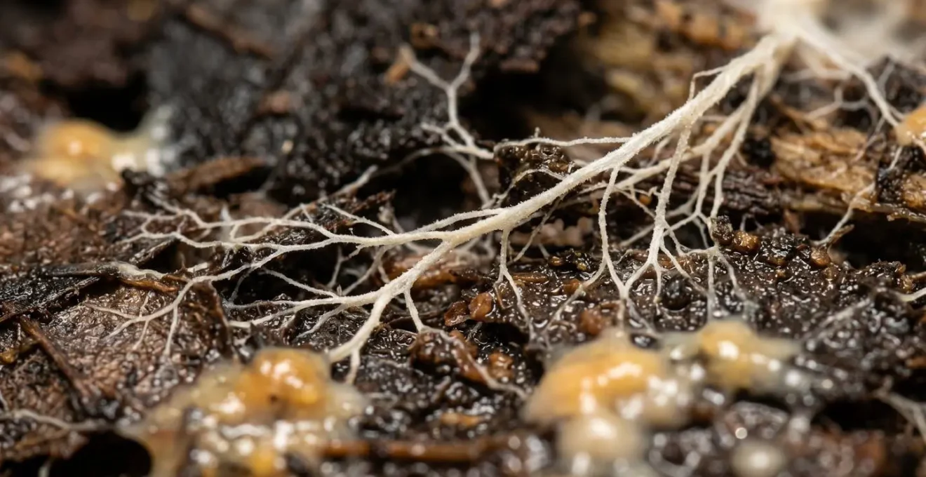 Microscopic view showing contrasting fungal and bacterial decomposition pathways in soil organic matter