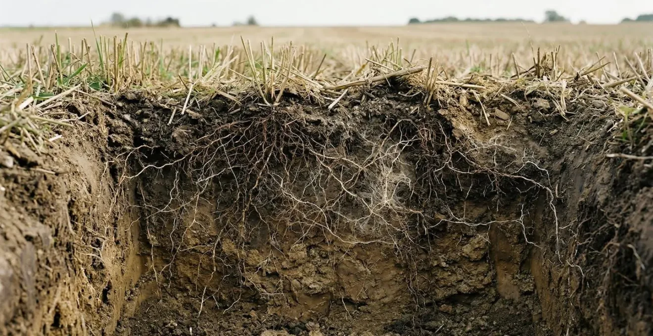 Close-up view of healthy soil structure showing fungal network preservation during careful tillage management