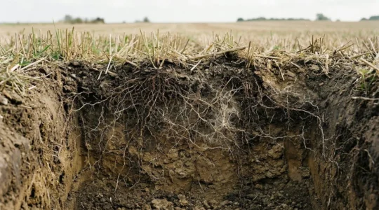Close-up view of healthy soil structure showing fungal network preservation during careful tillage management