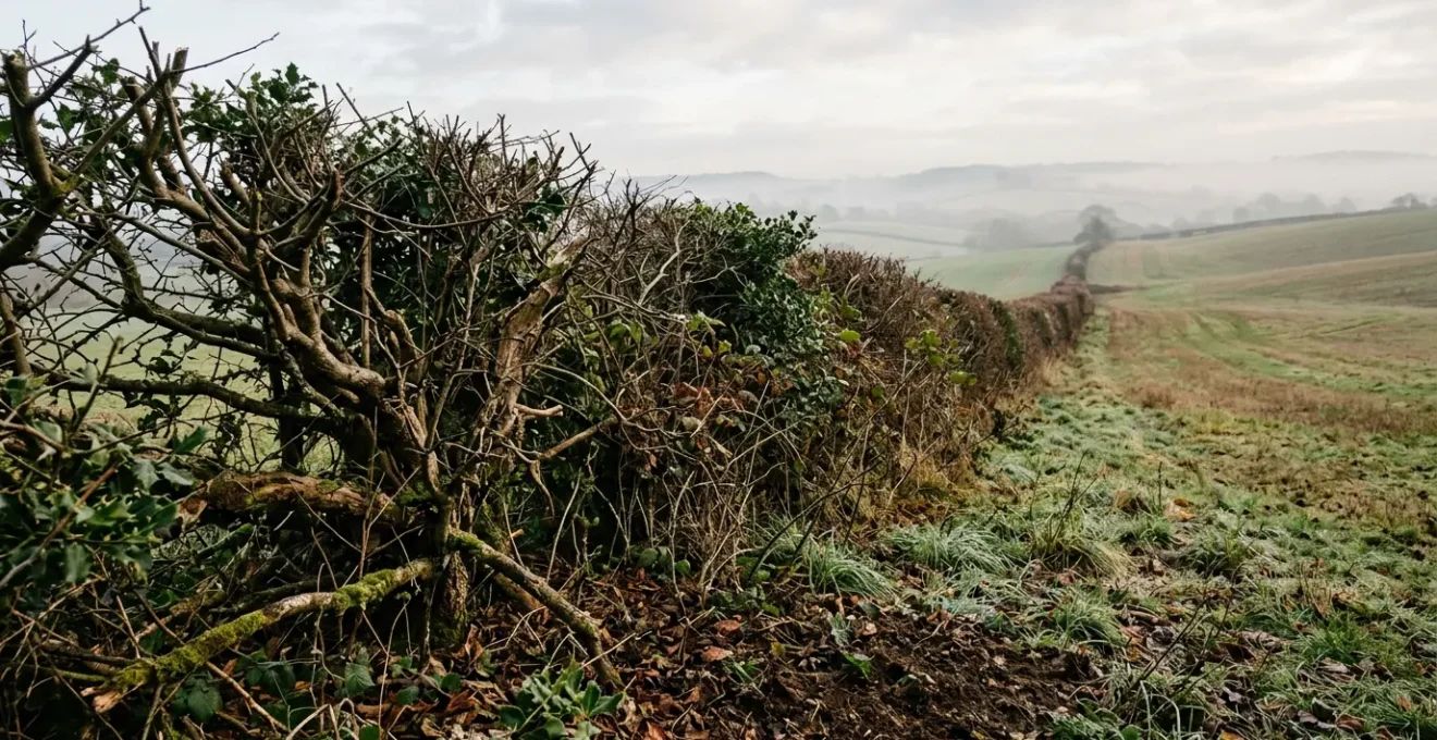 Traditional hedge laying technique contrasted with mechanical management for carbon sequestration