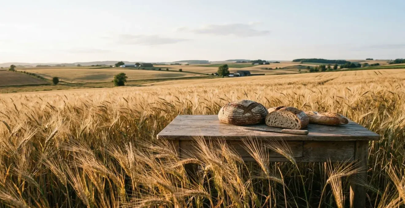 Golden heritage wheat field at harvest with artisan bread loaves, representing premium grain agriculture and farm-to-baker connection