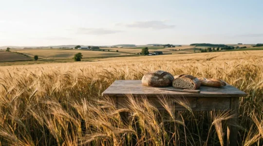 Golden heritage wheat field at harvest with artisan bread loaves, representing premium grain agriculture and farm-to-baker connection