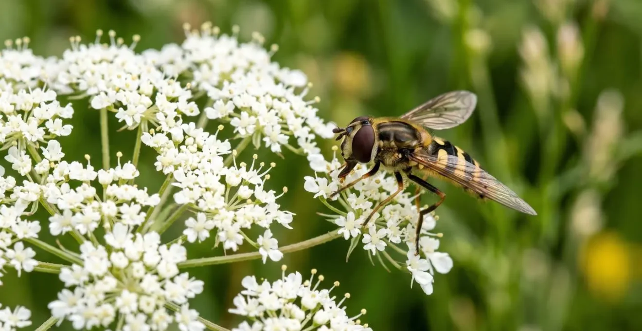 Hoverfly feeding on white umbellifer flower wild carrot showing simple open flower structure attractive to beneficial insects