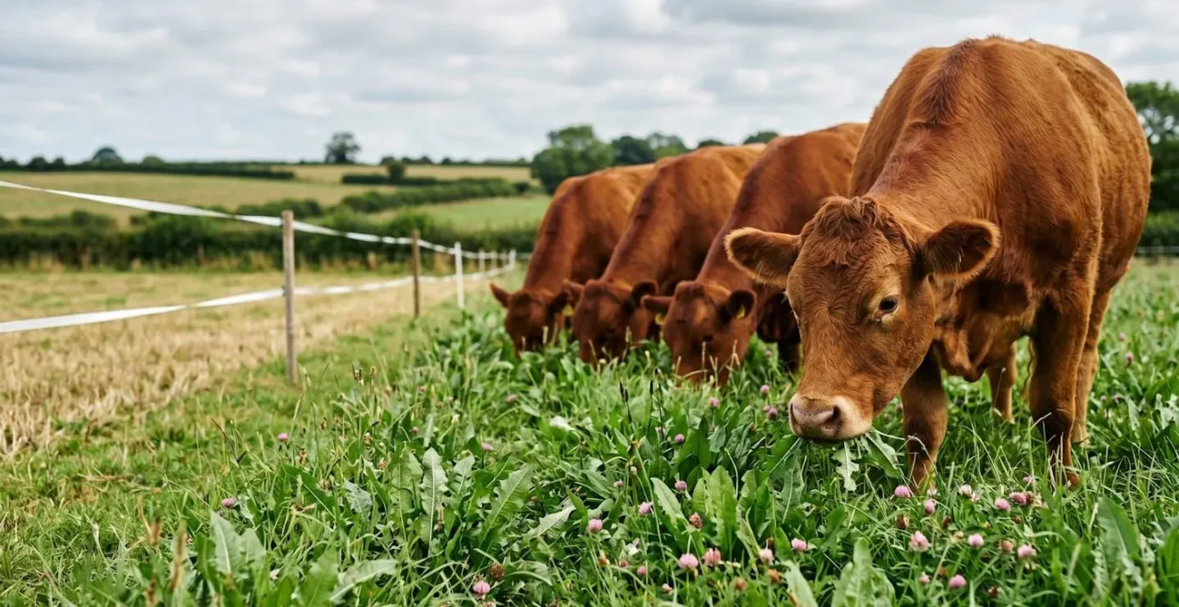 Cattle mob grazing diverse herbal ley pasture showing high-density grazing pattern with recovery areas in background