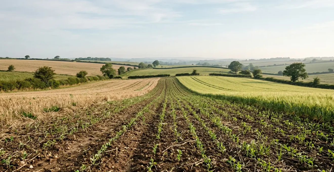 Diverse crop rotation field showcasing multiple crop species growing in sequential strips for natural weed control