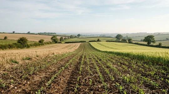 Diverse crop rotation field showcasing multiple crop species growing in sequential strips for natural weed control