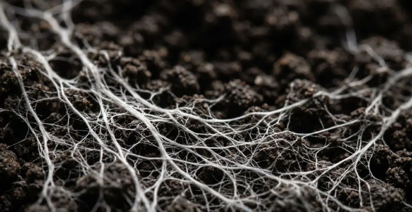Abstract visualization of underground mycorrhizal fungal networks connecting plant root systems