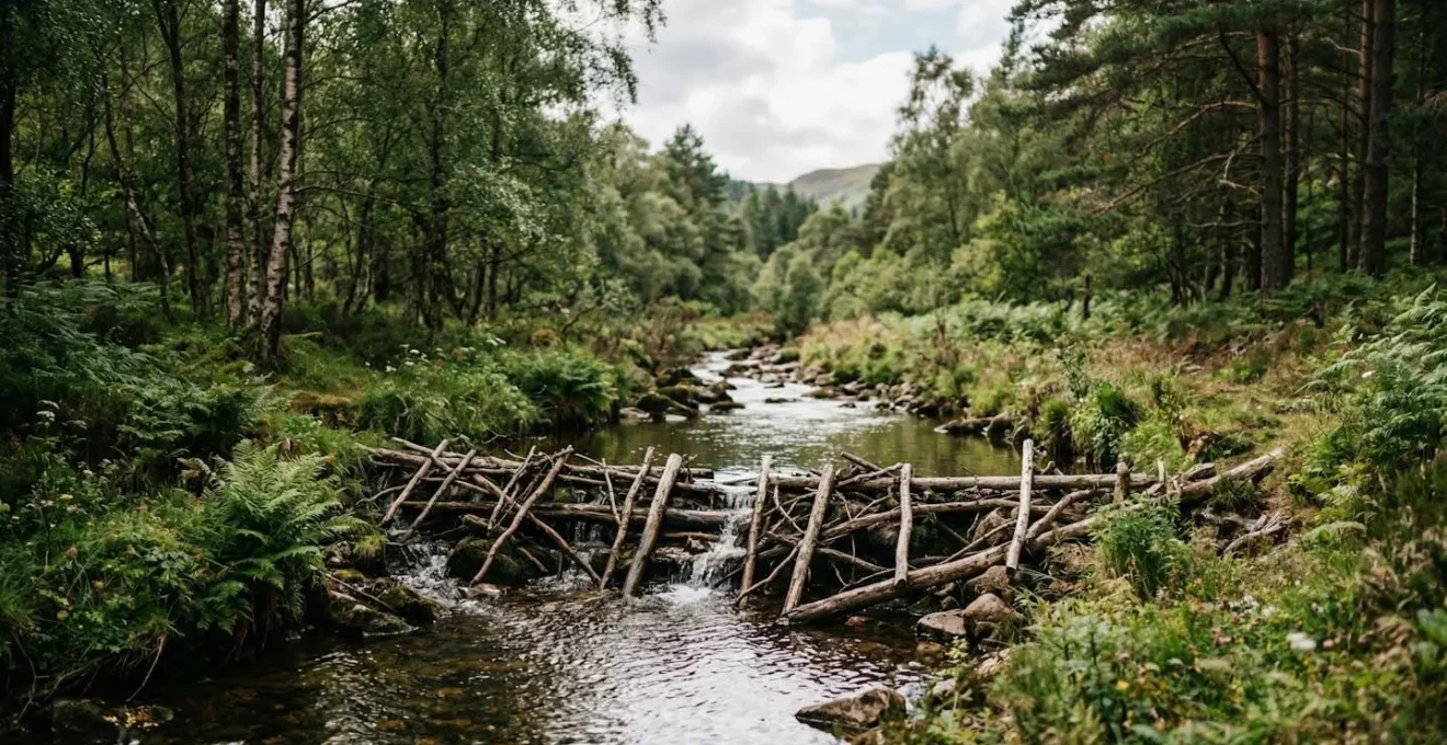Natural wooden leaky dam structure in upland stream with flowing water and surrounding vegetation