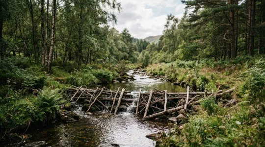 Natural wooden leaky dam structure in upland stream with flowing water and surrounding vegetation