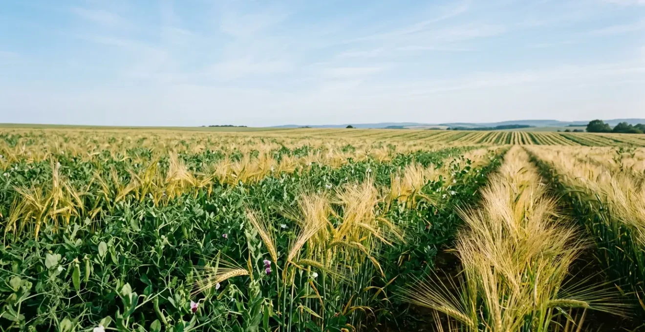 Close-up of pea and barley plants growing together in an intercropped agricultural field