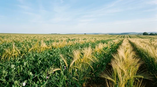 Close-up of pea and barley plants growing together in an intercropped agricultural field