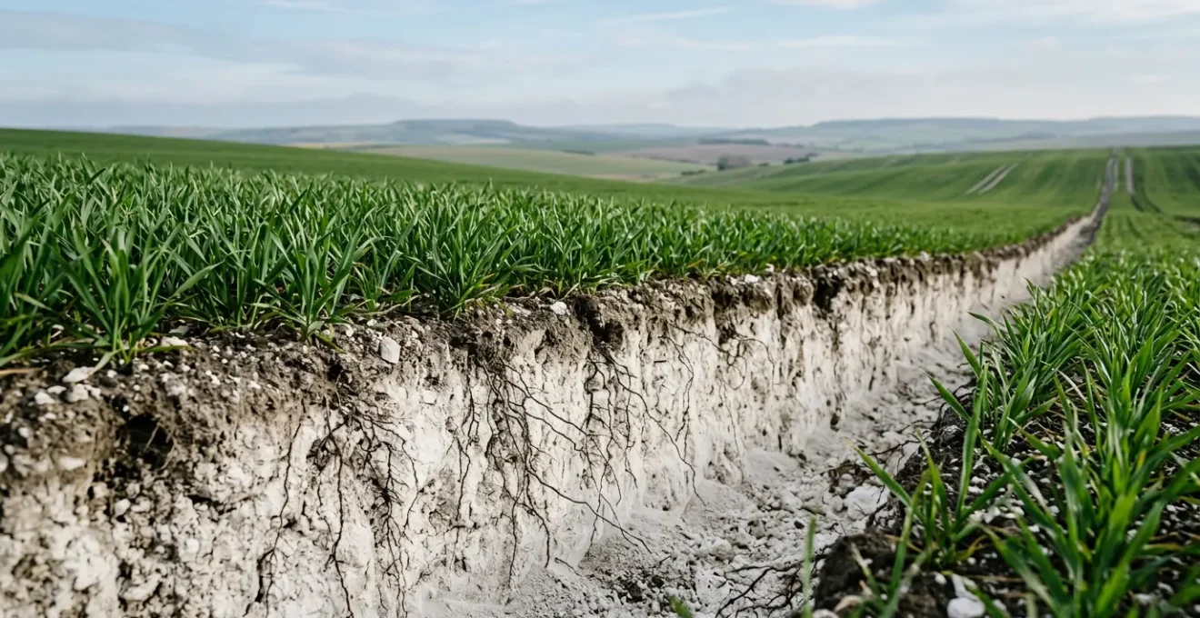 Detailed agricultural scene showing healthy crop roots accessing phosphorus in chalky alkaline soil through natural biological processes