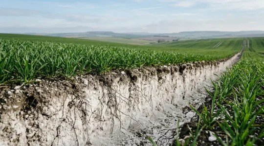 Detailed agricultural scene showing healthy crop roots accessing phosphorus in chalky alkaline soil through natural biological processes