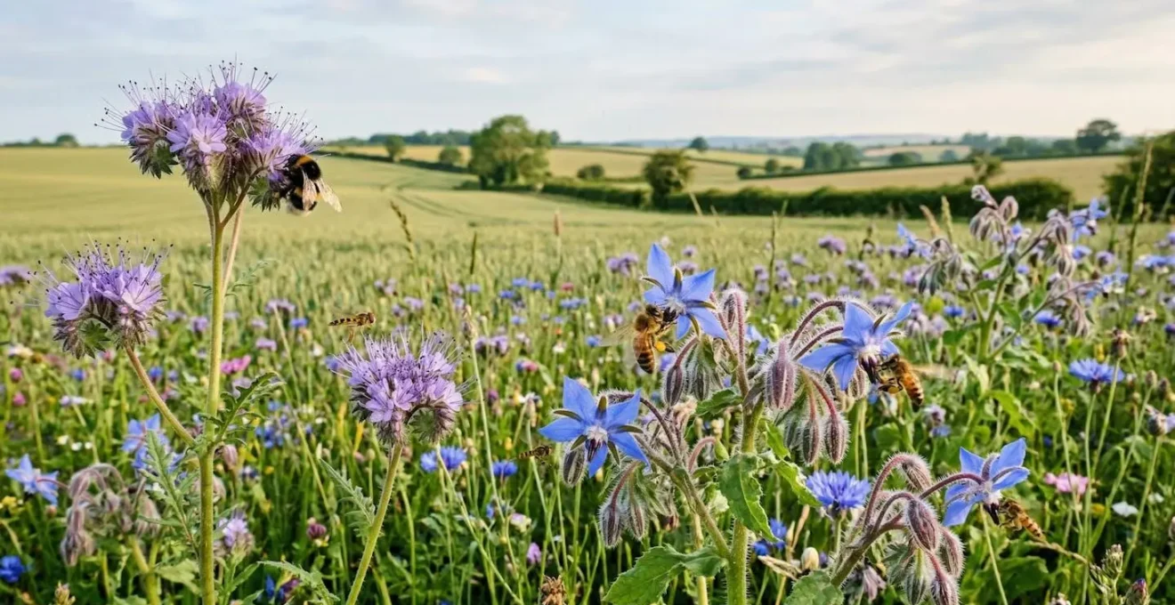 Wildflower meadow in early summer with diverse blooms supporting pollinators in agricultural landscape