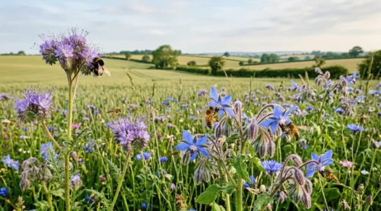 Wildflower meadow in early summer with diverse blooms supporting pollinators in agricultural landscape