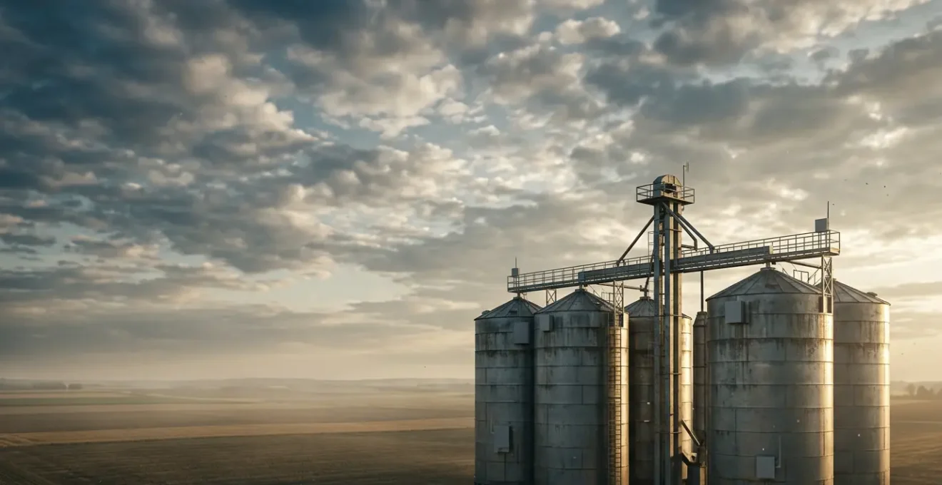 Wireless temperature monitoring system protecting grain storage facility from fire hazards