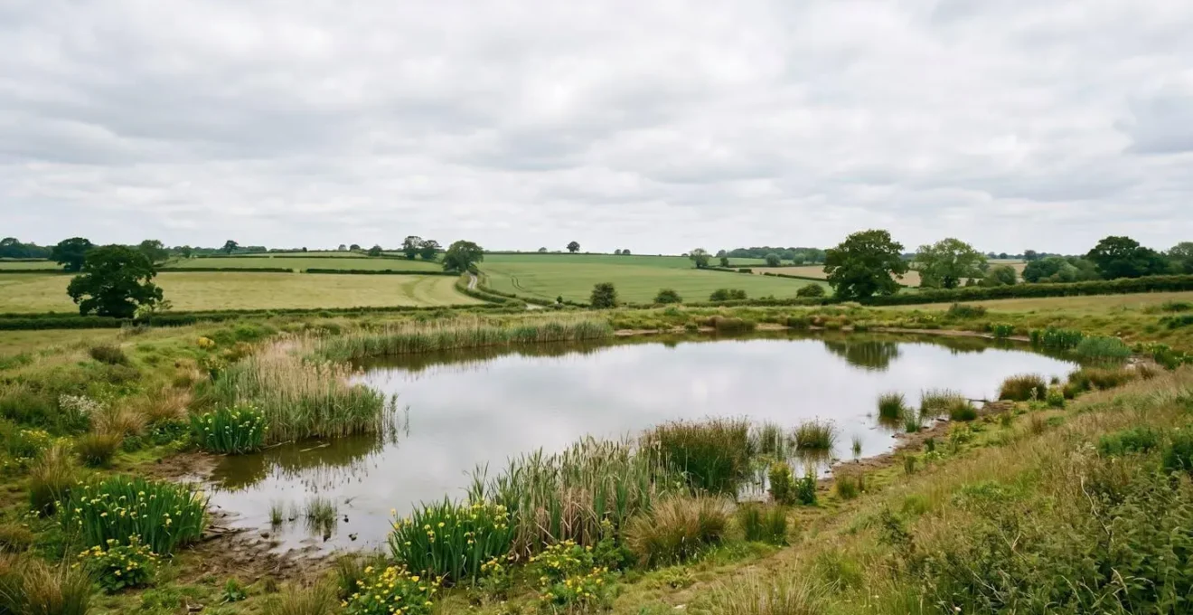 Wide view of retention pond with gently sloping vegetated banks and diverse plantings creating wildlife habitat
