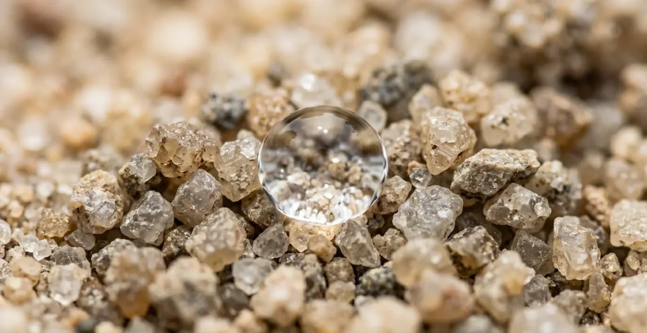 Macro view of sandy soil particles with water droplet beading on hydrophobic surface