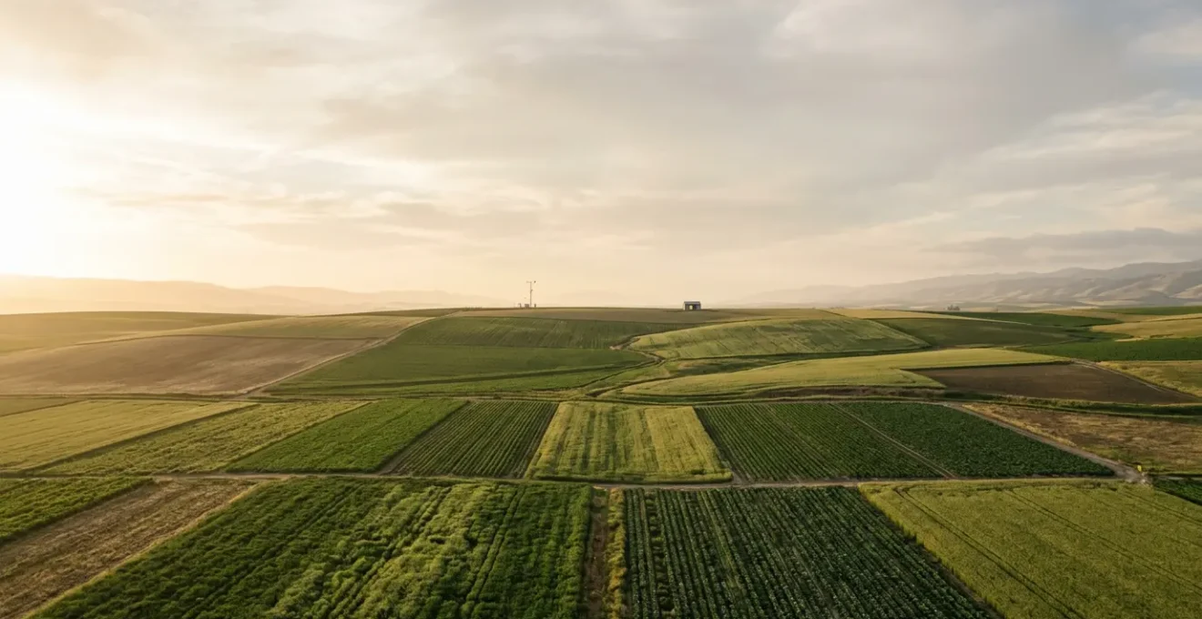 Satellite view of agricultural fields with advanced remote sensing technology detecting crop stress patterns before visible symptoms appear
