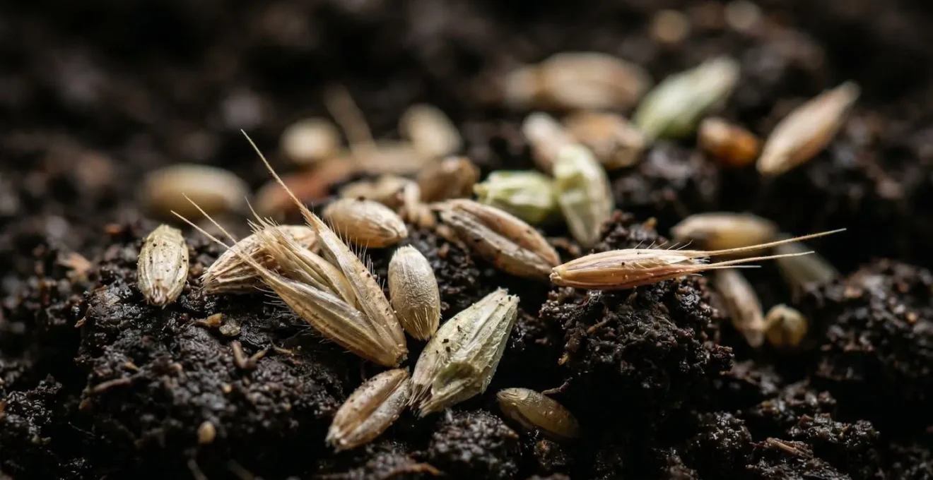 Extreme macro close-up of tussocky grass seed mix showing cocksfoot timothy and fescue seeds with textural detail