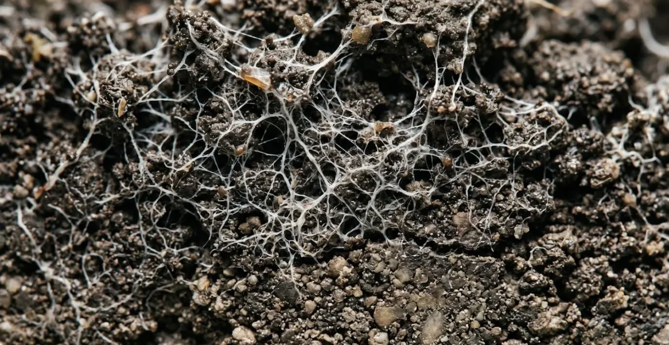 Soil profile showing the fungal-rich topsoil zone contrasted with a deeper cultivation layer, illustrating the importance of shallow tillage.