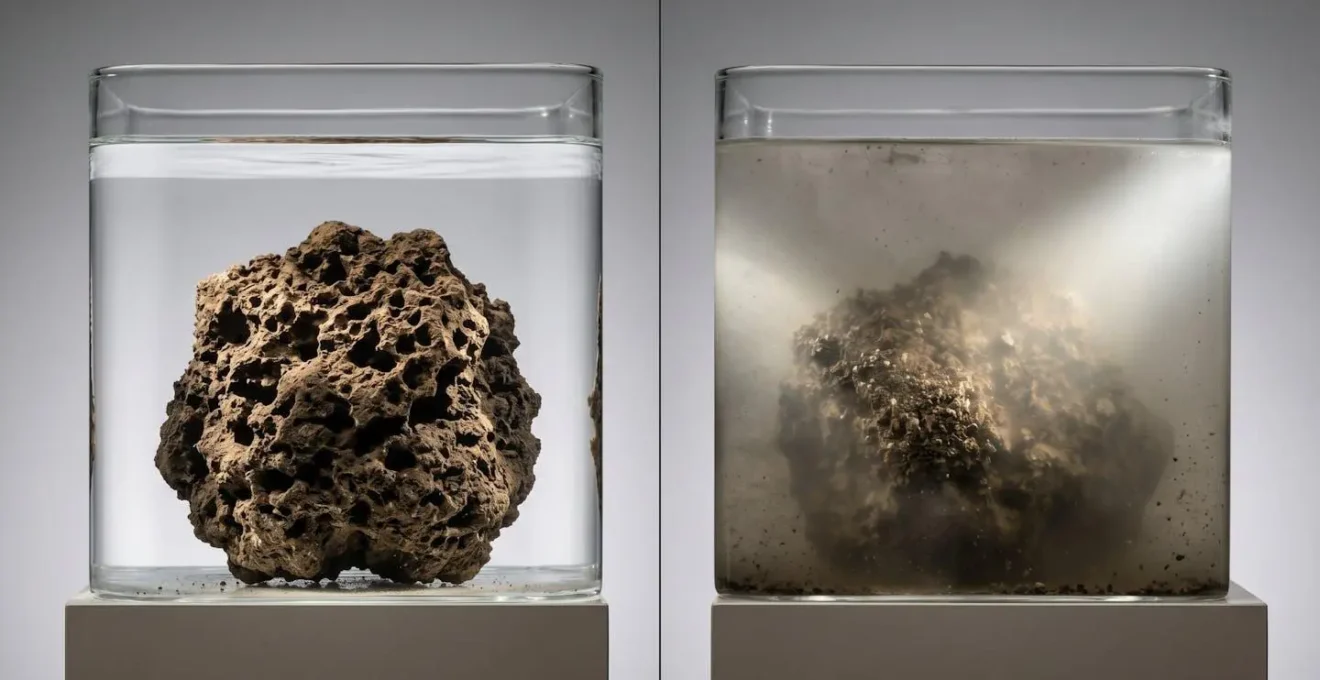 Side-by-side comparison of soil aggregates showing slaking resistance differences