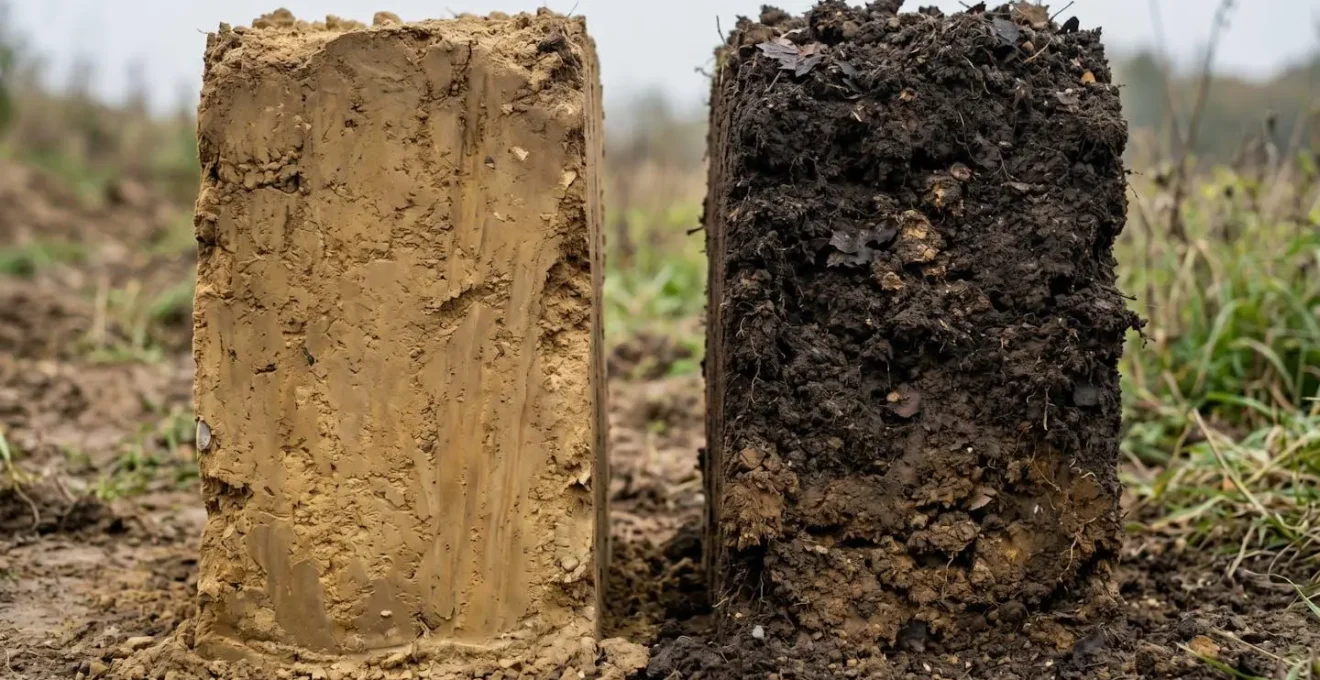 Side-by-side soil profile comparison showing bulk density differences between amended and unamended agricultural soil