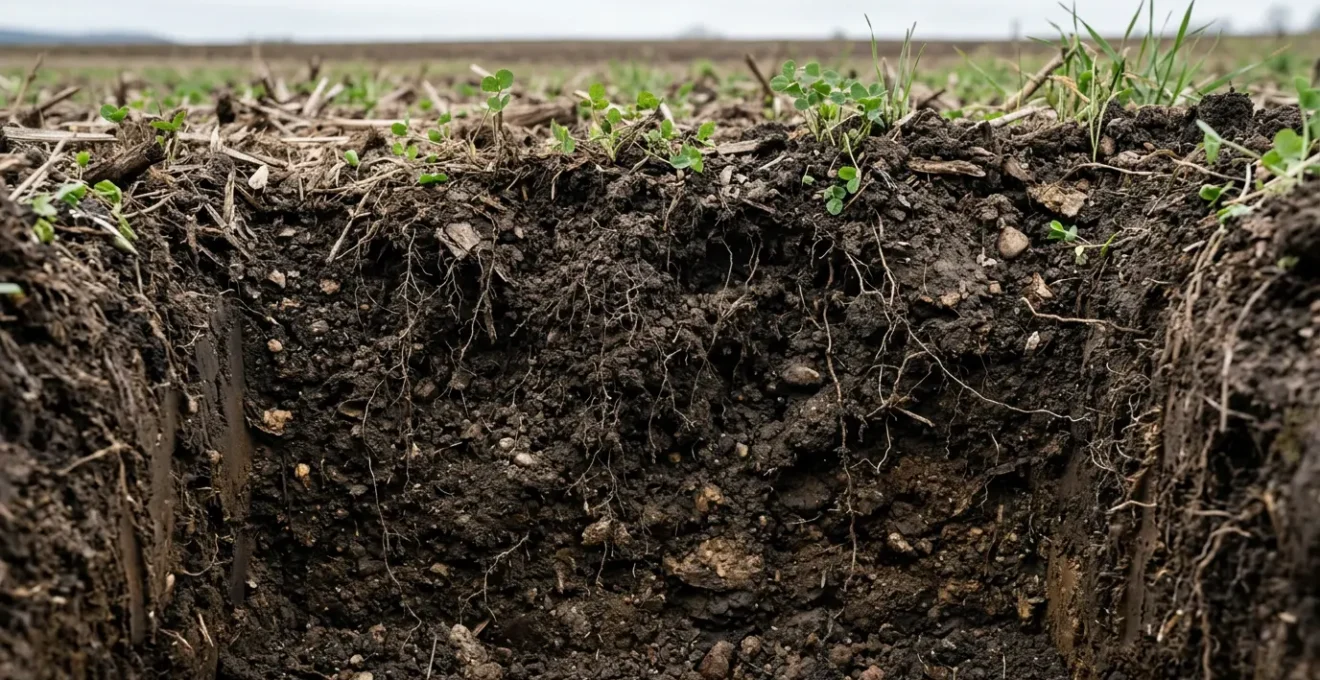 Agricultural soil transformation showing organic matter integration and soil structure improvement