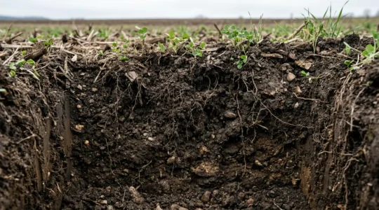 Agricultural soil transformation showing organic matter integration and soil structure improvement