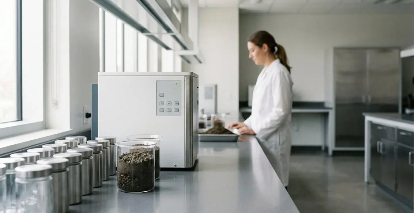 Scientific laboratory environment showing soil carbon analysis equipment with dramatic lighting emphasizing measurement precision
