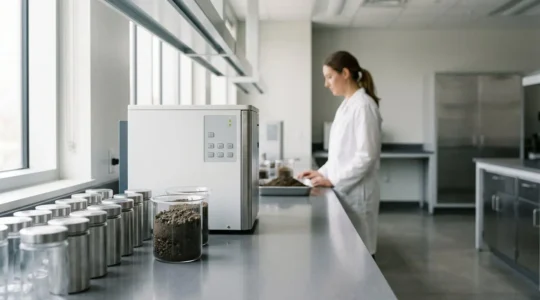 Scientific laboratory environment showing soil carbon analysis equipment with dramatic lighting emphasizing measurement precision