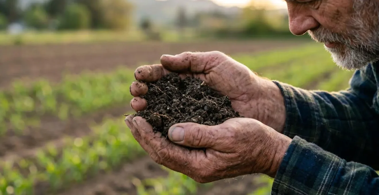 Close-up of healthy soil structure showing organic matter and water-holding aggregates