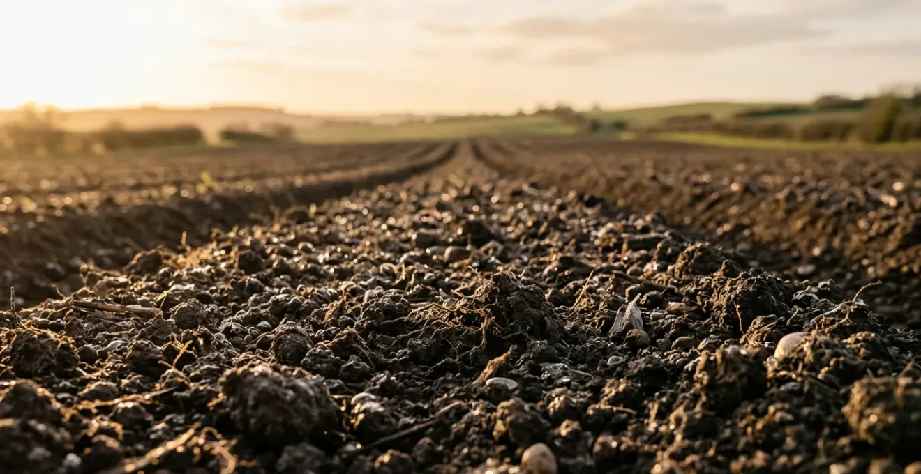 Healthy agricultural soil with visible moisture-retaining structure and organic matter