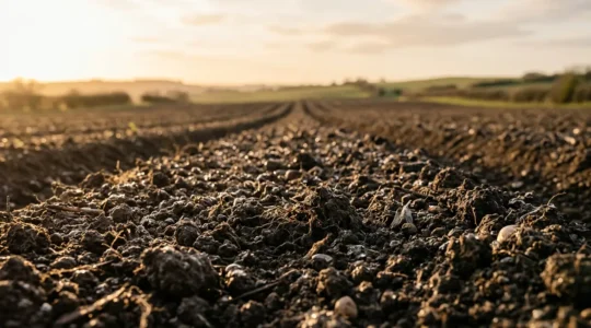 Healthy agricultural soil with visible moisture-retaining structure and organic matter