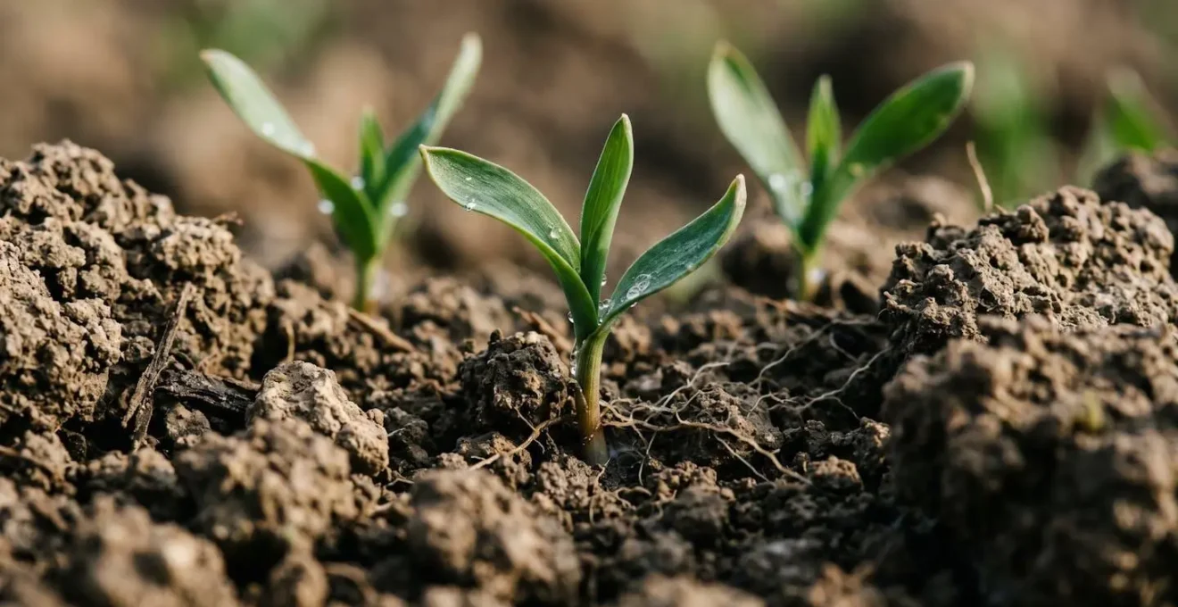 Close-up view of spring barley seedlings emerging through well-structured heavy soil with visible aggregation