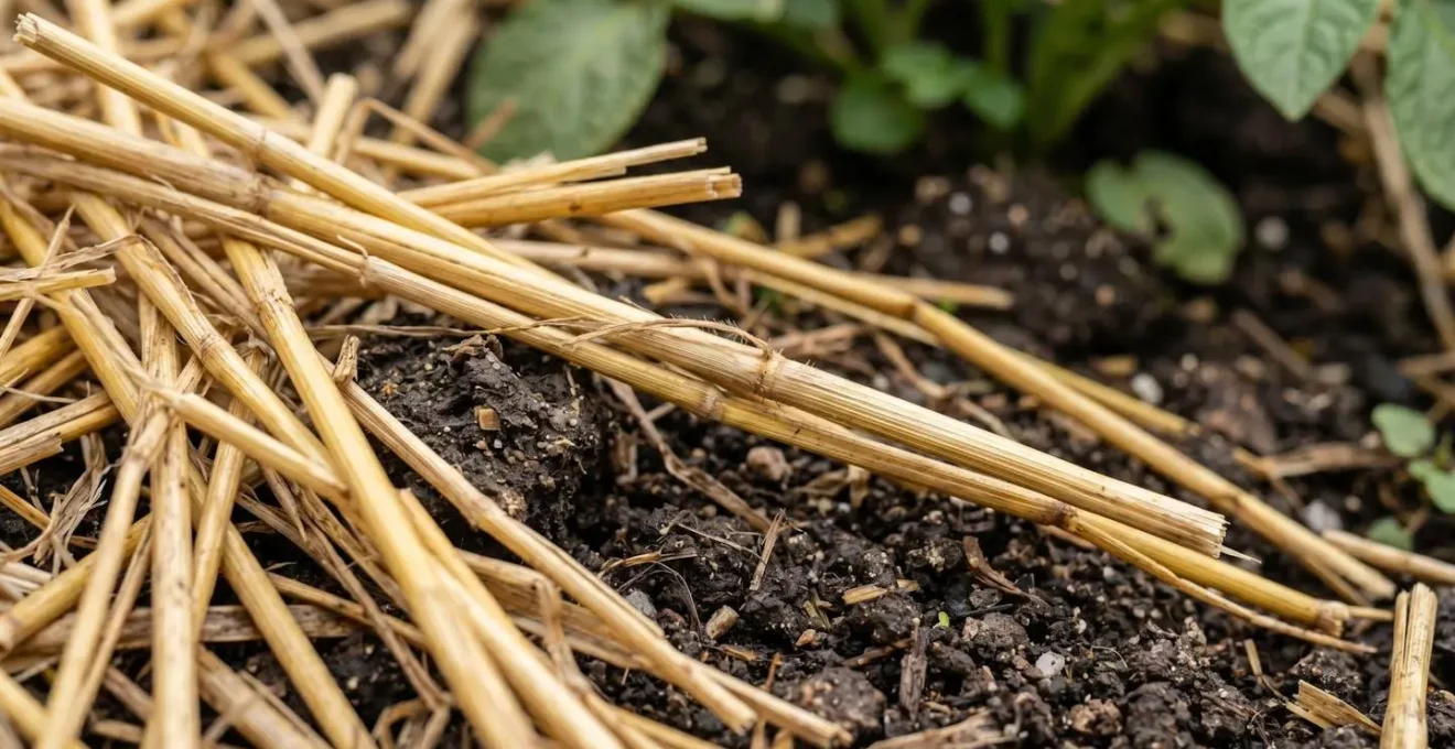 Close-up view of straw mulch layer covering potato growing bed with visible soil structure underneath