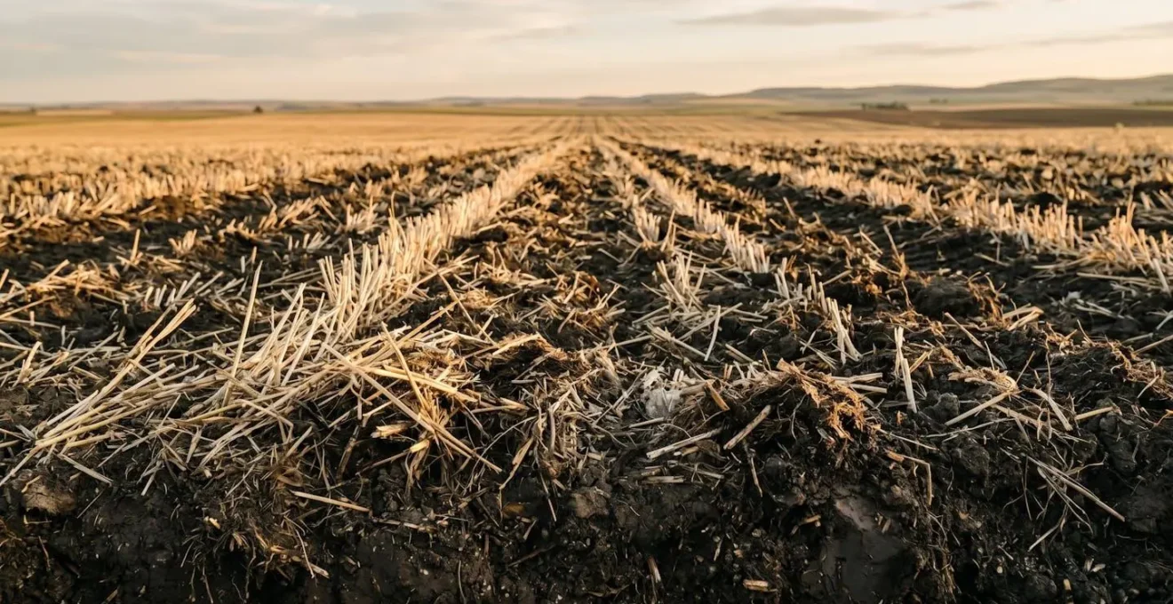 Environmental wide-angle view of agricultural field with crop residue management demonstrating soil carbon dynamics