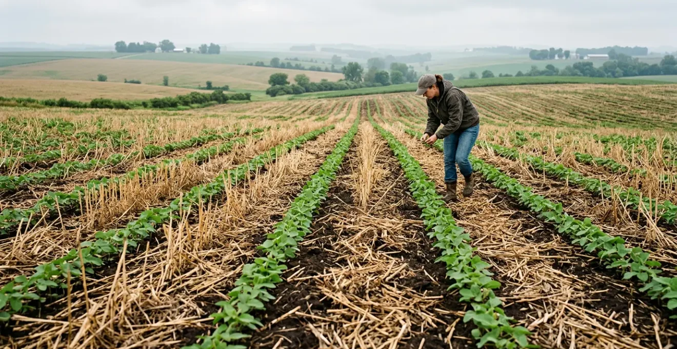 Farmer examining healthy crop growth in no-till field with crop residue visible on soil surface during early transition period