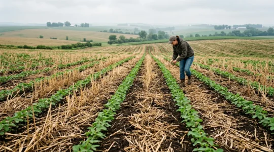 Farmer examining healthy crop growth in no-till field with crop residue visible on soil surface during early transition period