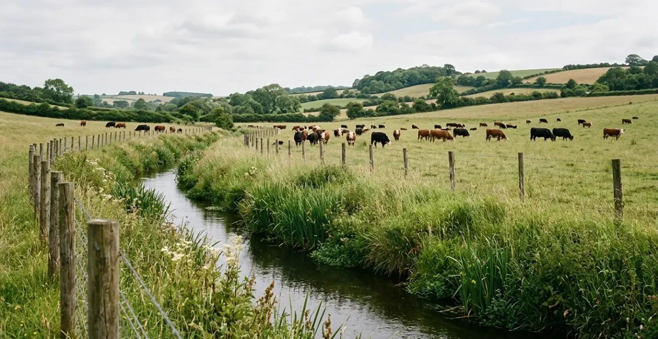 Pastoral landscape showing fenced waterway with cattle grazing safely in protected meadow