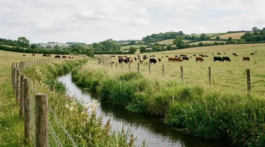 Pastoral landscape showing fenced waterway with cattle grazing safely in protected meadow