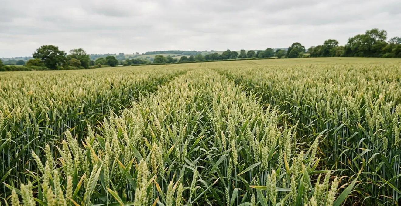 Diverse wheat canopy showing multiple variety heights and leaf structures in agricultural field