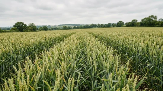Diverse wheat canopy showing multiple variety heights and leaf structures in agricultural field