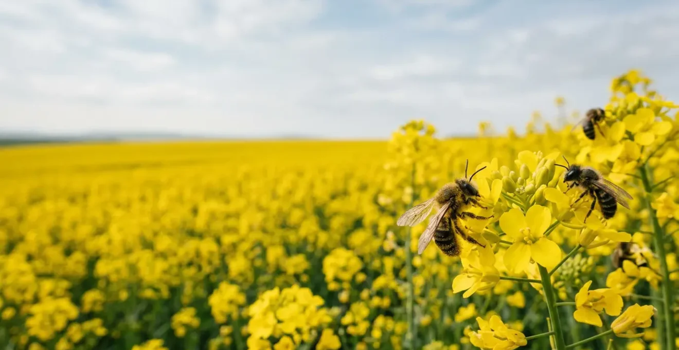 Wild solitary bees foraging on bright yellow oilseed rape flowers in agricultural field