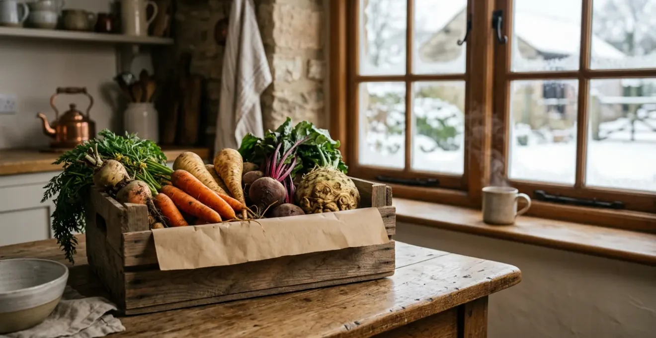 Seasonal vegetable box with winter root vegetables on rustic wooden surface