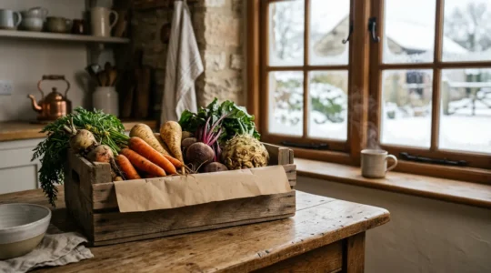 Seasonal vegetable box with winter root vegetables on rustic wooden surface