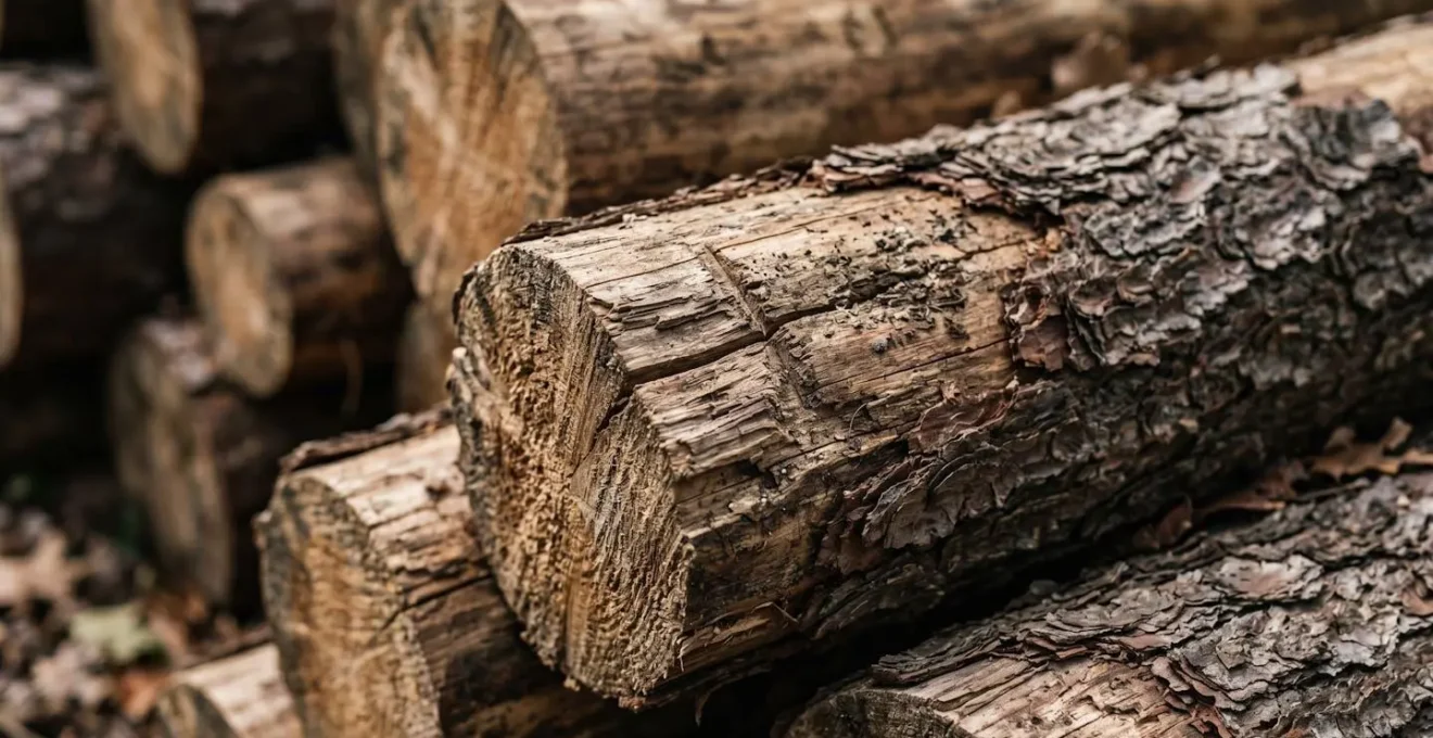 Close-up of weathered wooden posts being anchored into streambank showing natural construction materials